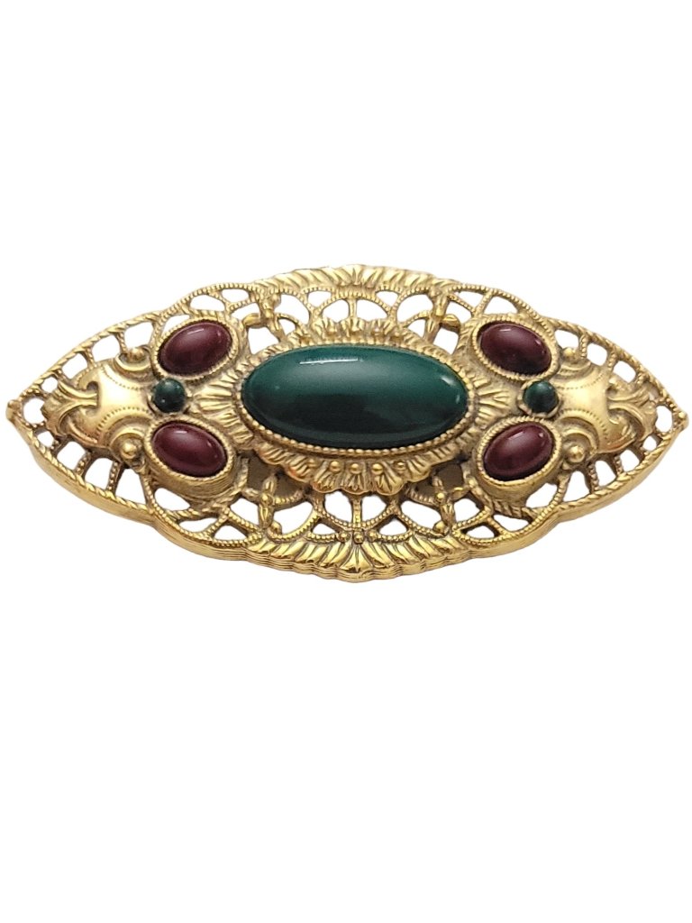 1928 Jewelry Brand Gold Tone Wine, Green Lucite Cab Filigree Oval Brooch K10